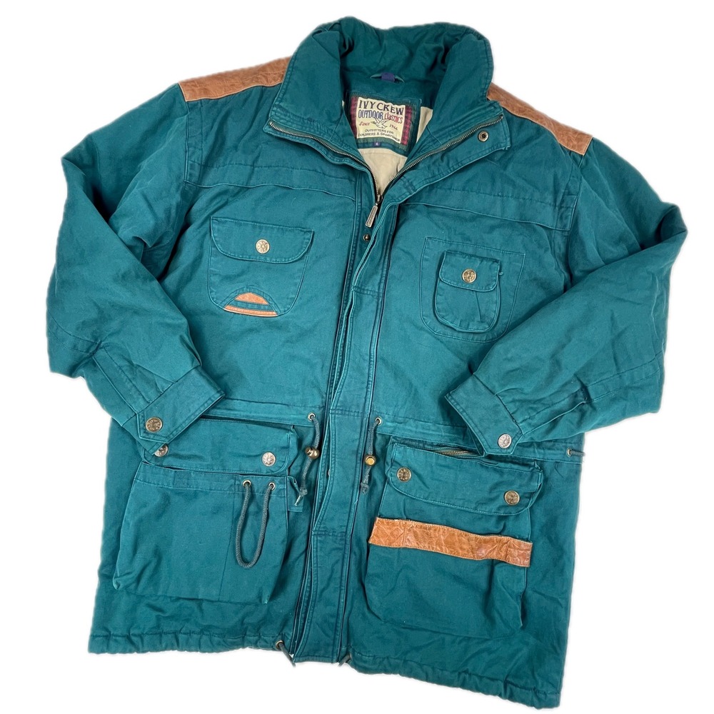 Ivy Crew Outdoor Barn Jacket XL Green Cotton Leather Trim 90s Vintage Coat Cabin